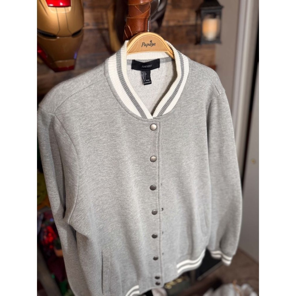 Varsity‎ Jacket Large Gray/White Snap Buttons Forever 21